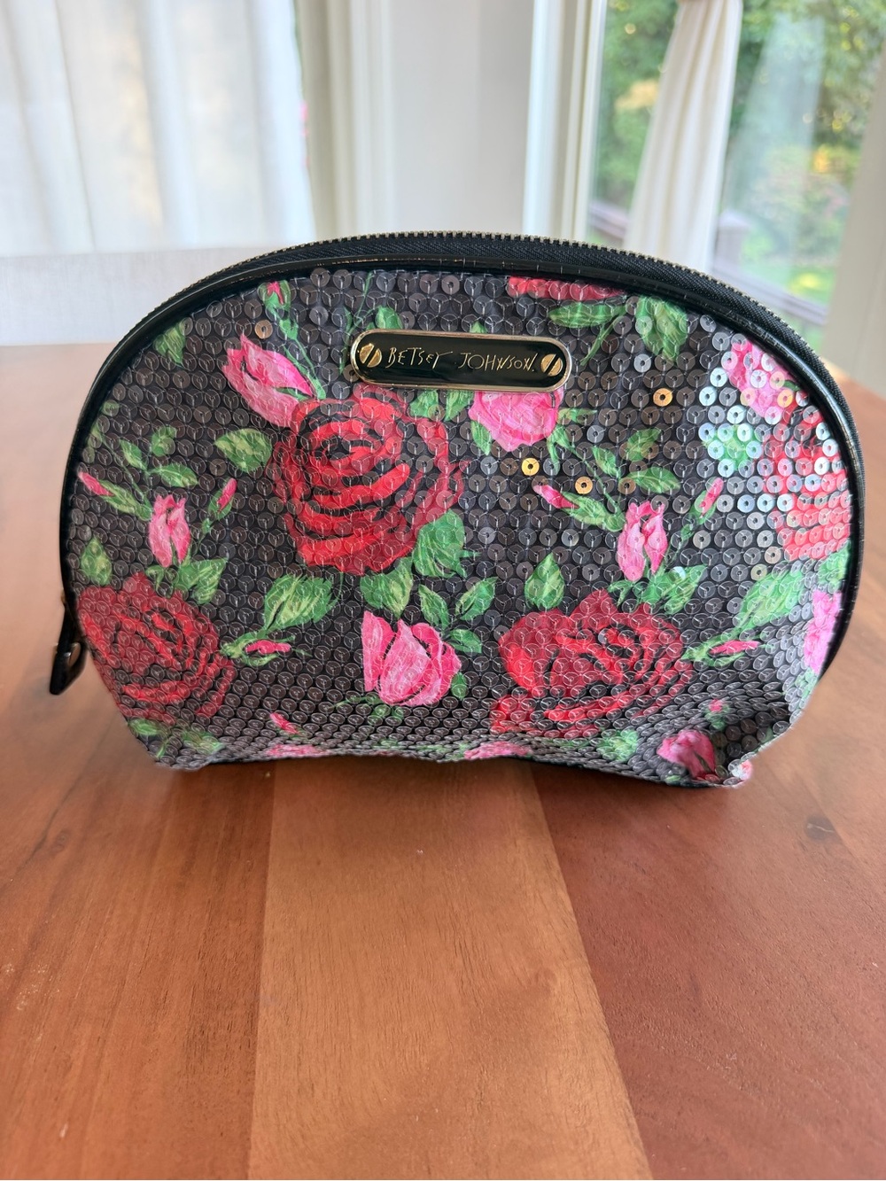 🌹 Y2K Betsey Johnson Sequin Rose Cosmetic Bag | Leopard Print Lining 🖤 EPIC